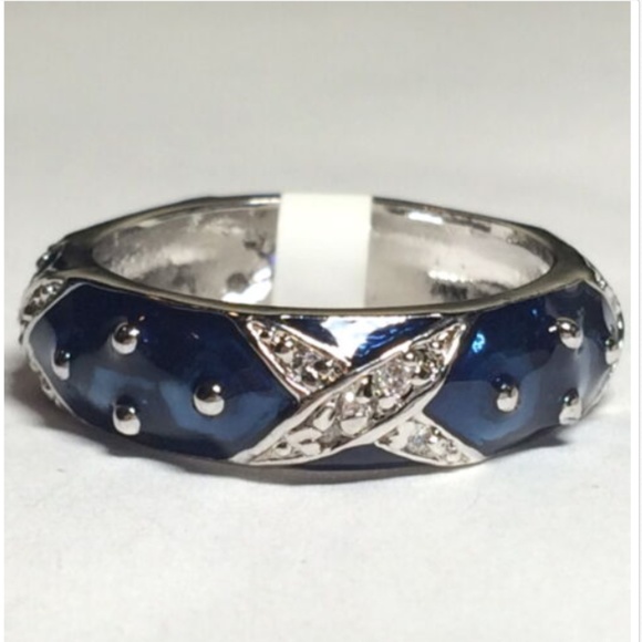 Silver Blue Enamel Ring Cubic Zirconia Size 9 10 - Picture 8 of 8